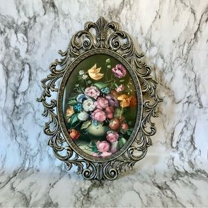 Vintage brass ornate oval picture with frame and glass cover